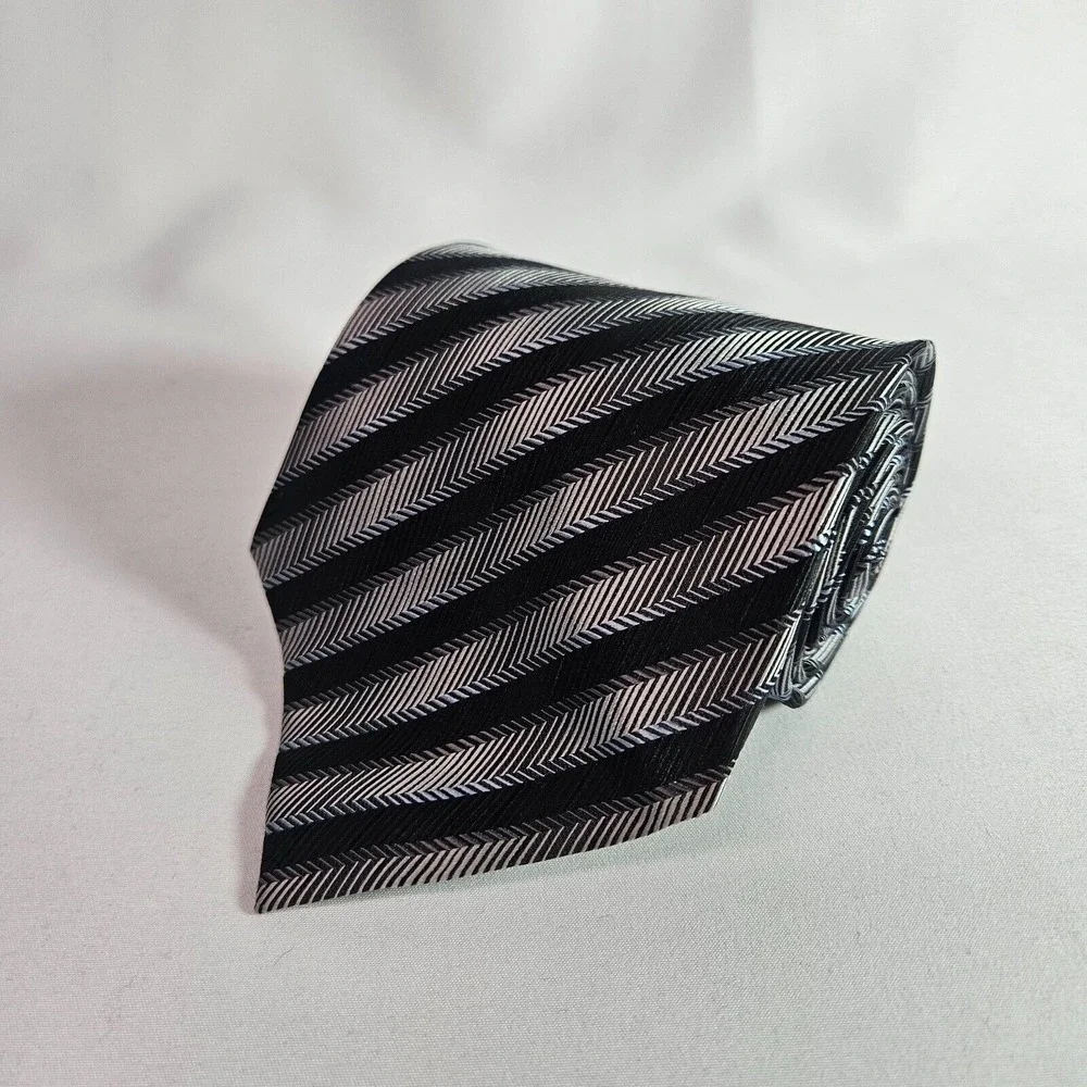 Cezani 100% Silk Hand Made Tie Black‎ Gray Stripes 4